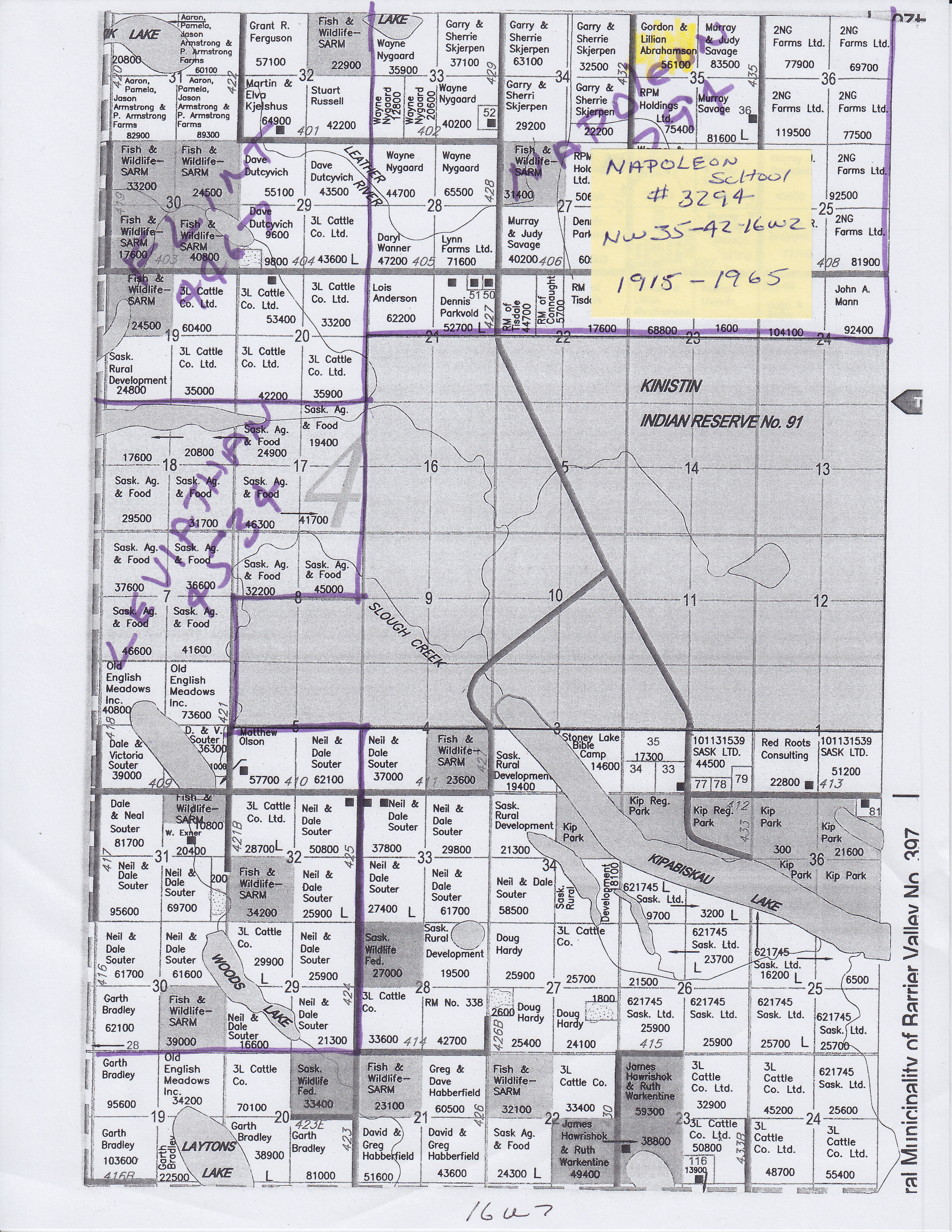 Map of Napoleon School District 3294, north west quarter of section 35 township 42 range 16 west of the second meridian, 1914-1964, near Kinistin Reserve, 1915-1965, old wooden sign, near Roecliff and Willowhill Saskatchewan, Sask, Sk, Canada, township, range, meridian, vintage, antique, school, school house, one room school house, one room school, school-house, one-room school-house, one room school house project, One Room School Project,   